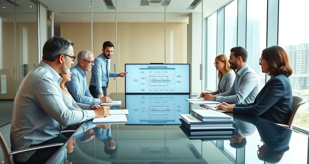 Lead arranger and diverse bankers around a conference table pointing at a touchscreen showing a syndicated loan flow while reviewing and signing term sheets