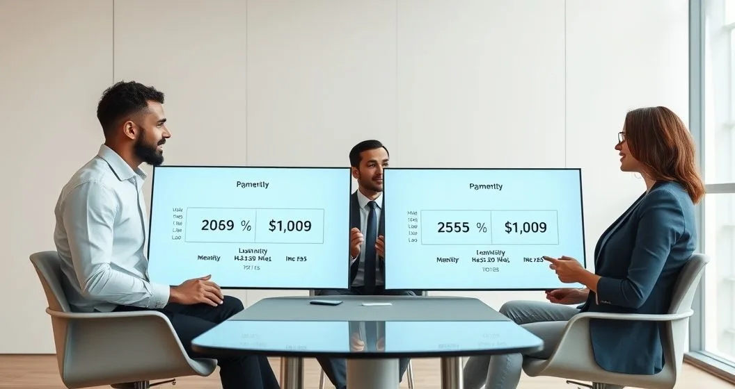 Financial advisor and clients comparing two displays showing higher monthly payment with lower total interest and lower monthly payment with higher total interest