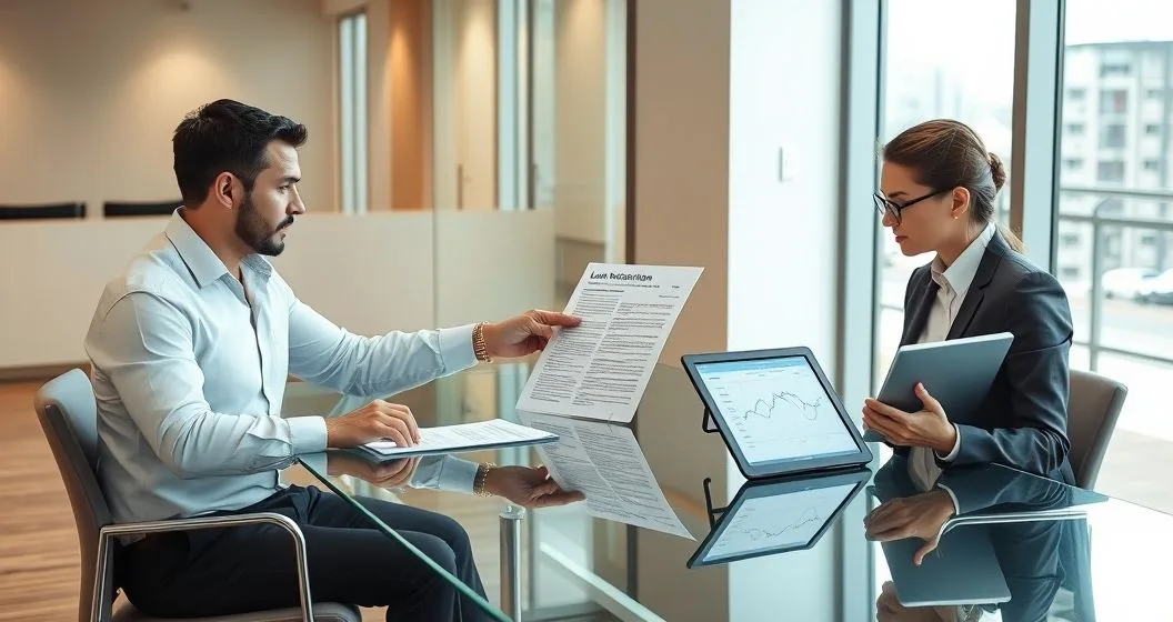Three diverse professionals in a modern office reviewing a loan modification proposal, one pointing, one taking notes, tablet with timeline graphic