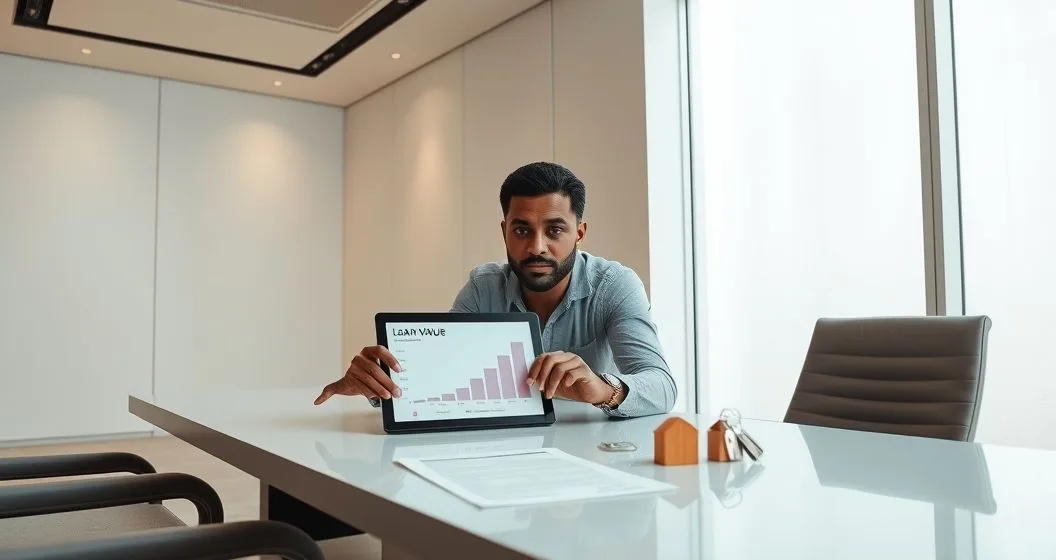 Mortgage officer and client review a tablet showing a loan to value graphic in a modern bank meeting room