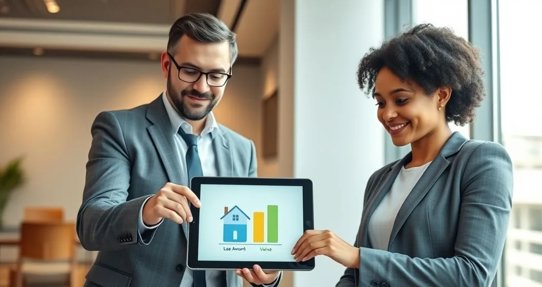 Mortgage advisor points to a tablet showing a house icon and two proportional bars indicating loan amount nearly equal to property value to illustrate loan to value