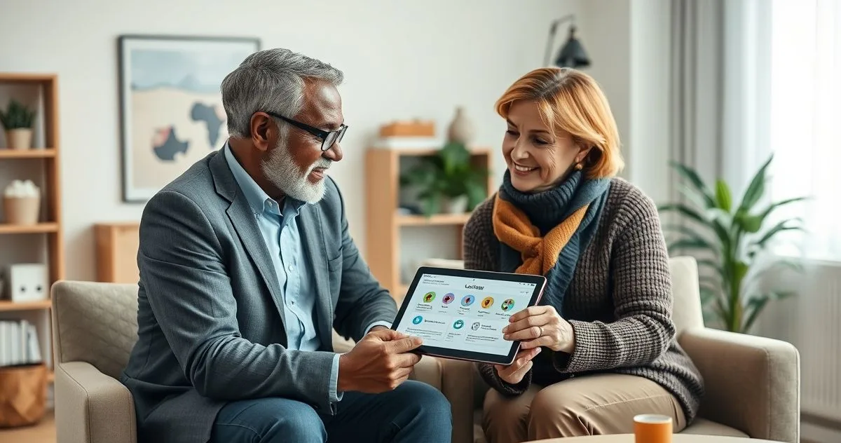 Advisor showing long term care options on a tablet to an older couple with a caregiver assisting an elderly person in the background