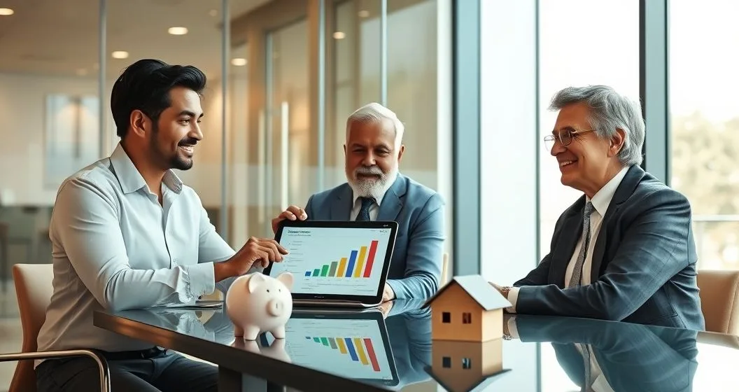 Financial advisor explains a cost allocation chart on a tablet to an older couple in a modern conference room with a piggy bank and house model on the table