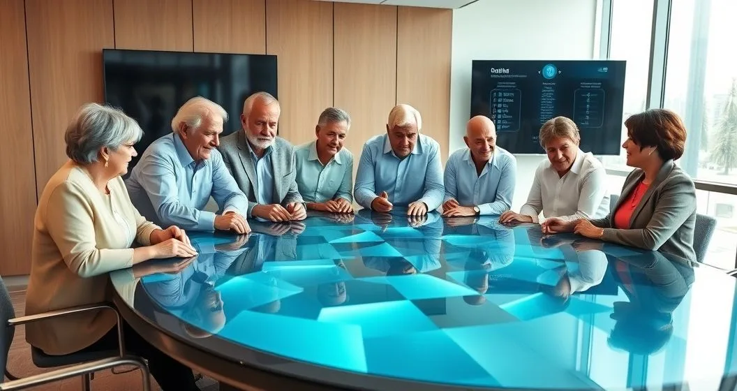 Diverse retirees and a financial advisor gathered around a table viewing a translucent digital visualization of pooled assets and smoothed income flows
