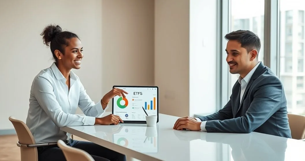 Financial advisor pointing to a tablet showing a pie chart and abstract index fund icons while a diverse couple listens in a modern office