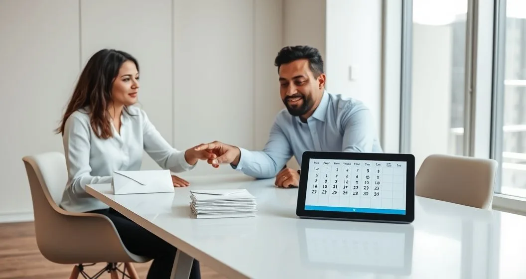 Tax advisor presents a lump sum envelope and a tablet with a recurring calendar to a couple to compare payment options