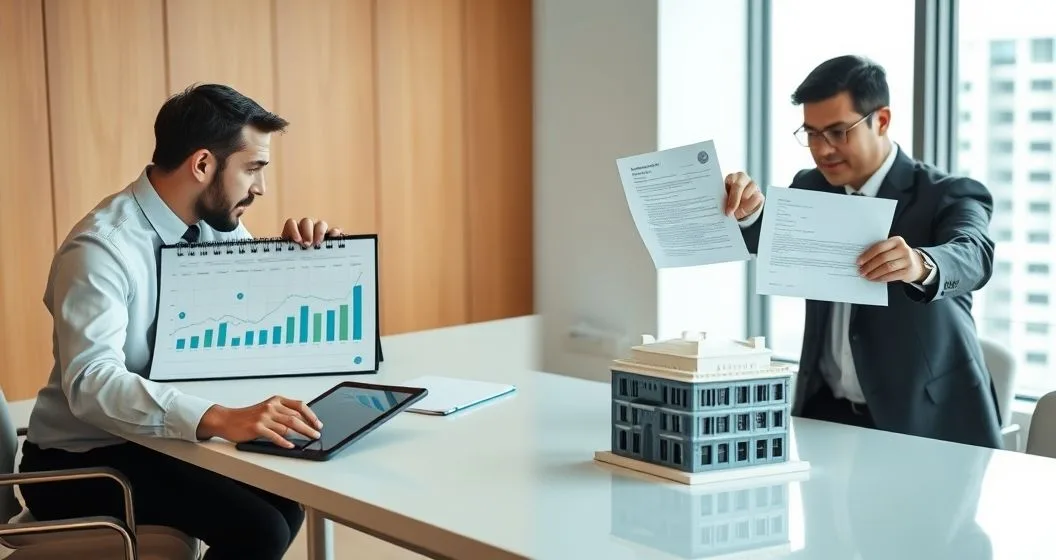 Split image of two finance professionals. Left side shows ongoing monitoring with a calendar and tablet with charts. Right side shows a signing of an agreement over a small corporate building model representing a transaction.