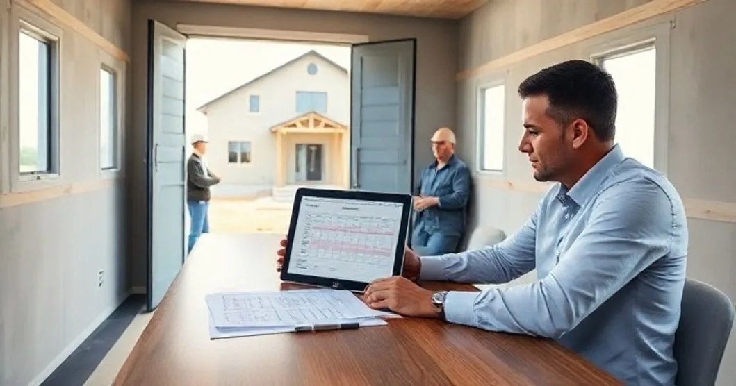 Two professionals in a construction trailer examine a tablet showing a timeline with milestone icons while a contractor and inspector verify work at a partially built house outside.
