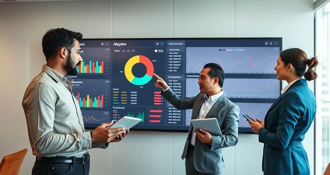 Three financial professionals reviewing a portfolio dashboard with allocation pie chart risk heat map hedging lines and a tablet showing cash projections in a modern office