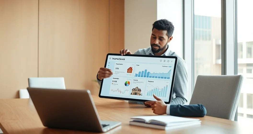 Financial advisor and client review a tablet displaying multiple income source icons and a combined cash flow graph in a modern conference room