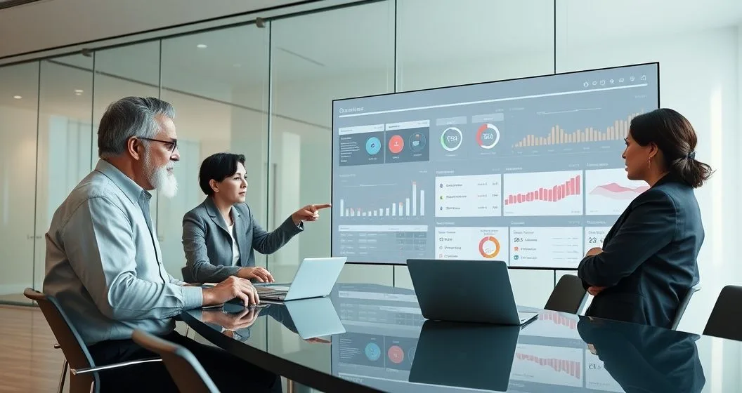 Family business owners and advisers around a conference table reviewing a dashboard of alerts during a reputation risk strategy meeting.