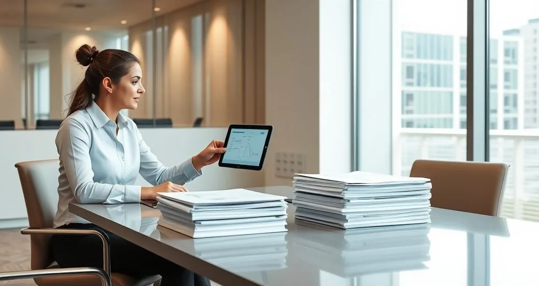 Married couple and tax advisor reviewing a tablet that shows a side by side visual comparison of joint and separate tax filing scenarios with two tidy file stacks on the table.