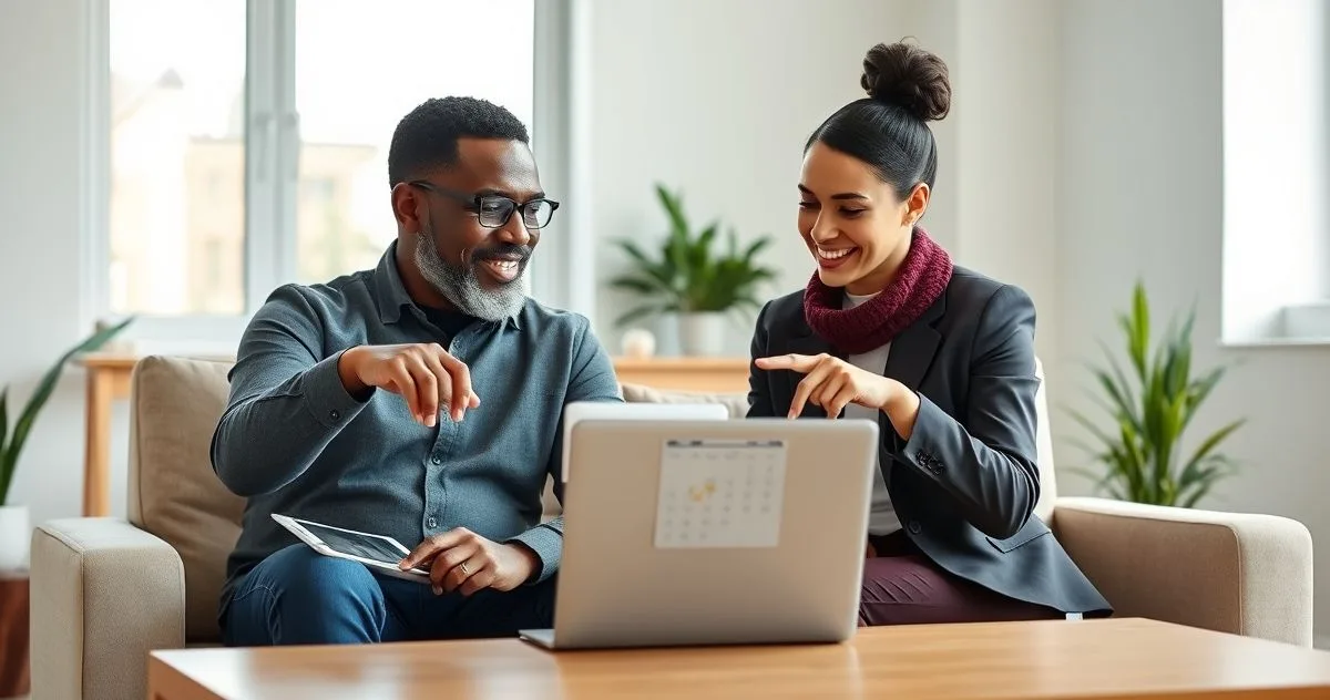 Donor pointing at a tablet checklist during a video call with a nonprofit advisor in a modern office illustrating planning for employer matching gifts