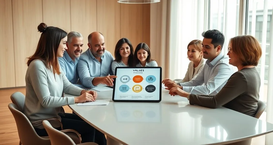 Multigenerational family and advisor around a table pointing at a tablet with an abstract diagram linking family values to charitable causes