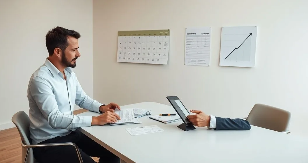 Financial advisor and client review donation receipts valuation documents a stock certificate and a calendar to plan timing of gifts