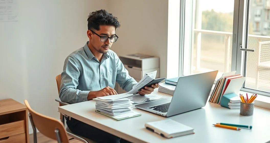 K 12 teacher at a clean desk in a classroom sorting receipts and using a laptop and calculator with classroom supplies nearby