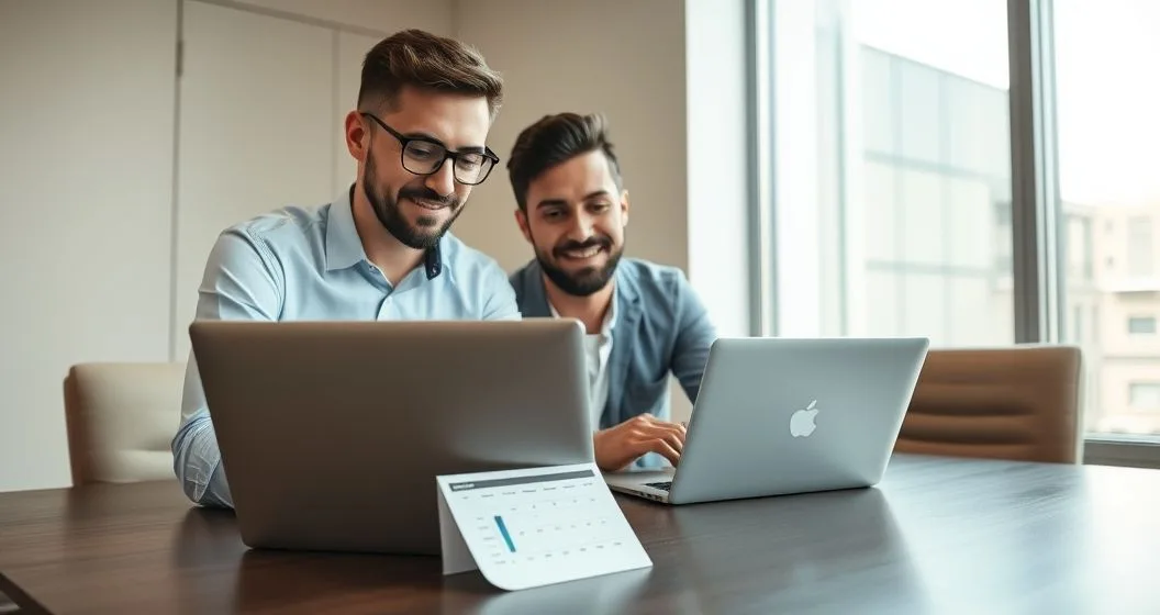 Employee and advisor reviewing contribution progress on a laptop with a pay calendar in a modern office