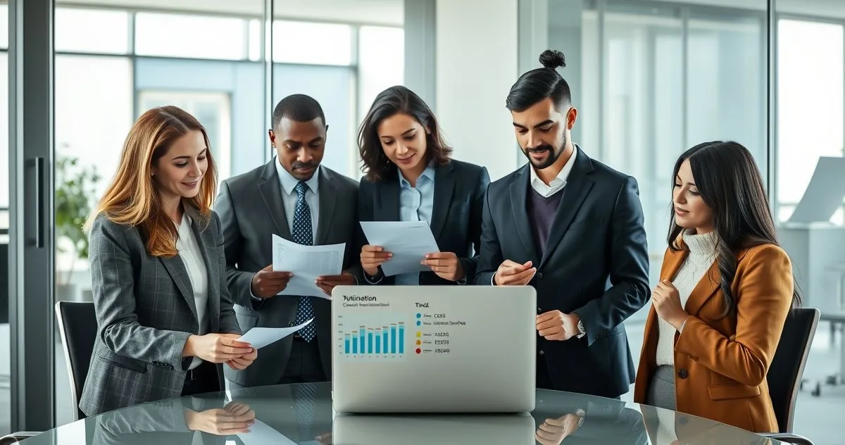 HR manager and two employees at a modern conference table reviewing tuition reimbursement forms, a laptop with a cost savings chart, and a course completion certificate.