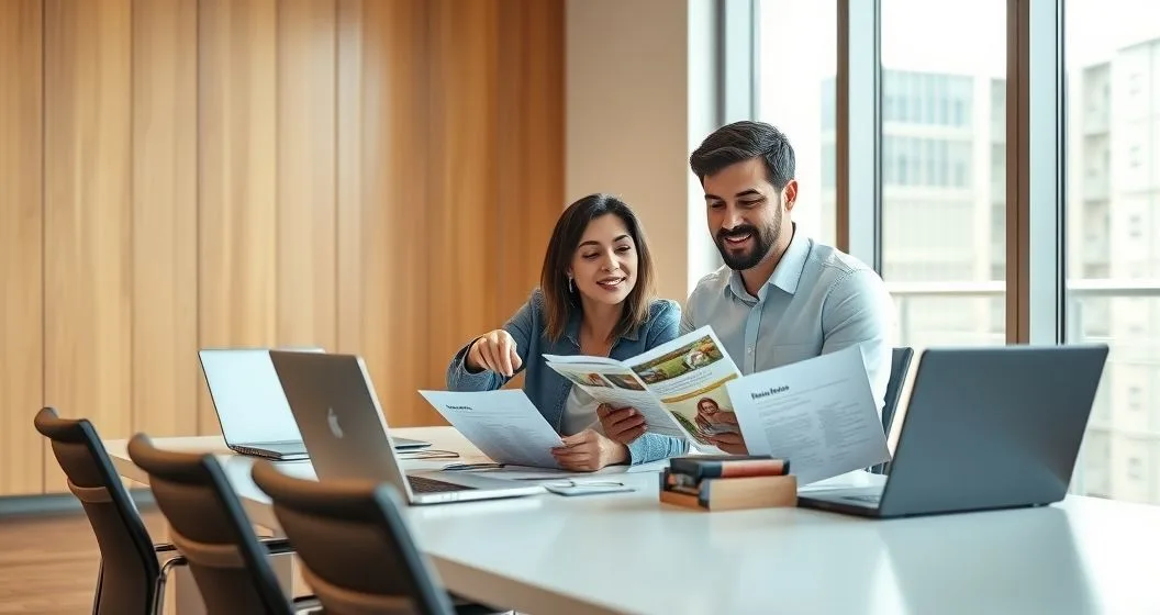 Benefits advisor consulting with a diverse couple over a tablet and printed benefit folders in a modern HR meeting room