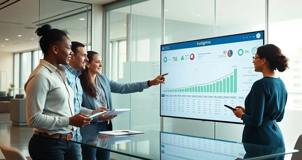 Diverse evaluators and nonprofit leaders examining a multi year impact timeline and dashboard in a modern conference room