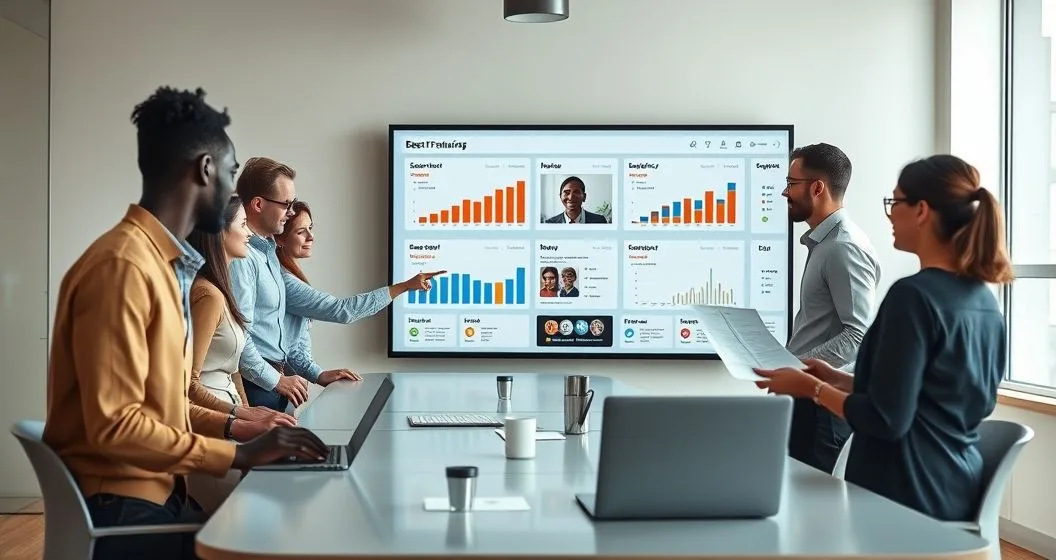 Diverse professionals review a digital dashboard showing financial charts and beneficiary outcome cards in a modern conference room