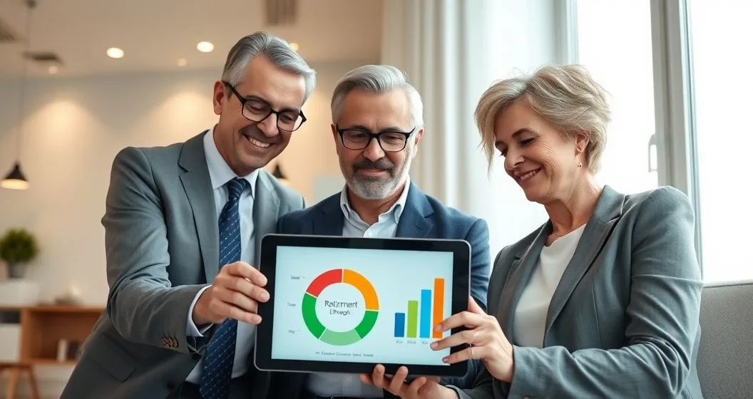 A financial advisor and a couple reviewing a tablet with a progress gauge and stacked bars showing savings income and portfolio growth