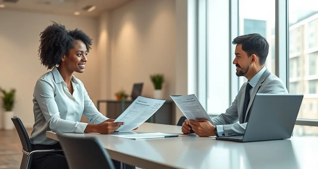 Borrower and financial aid officer reviewing medical records and a disability decision letter in a modern office