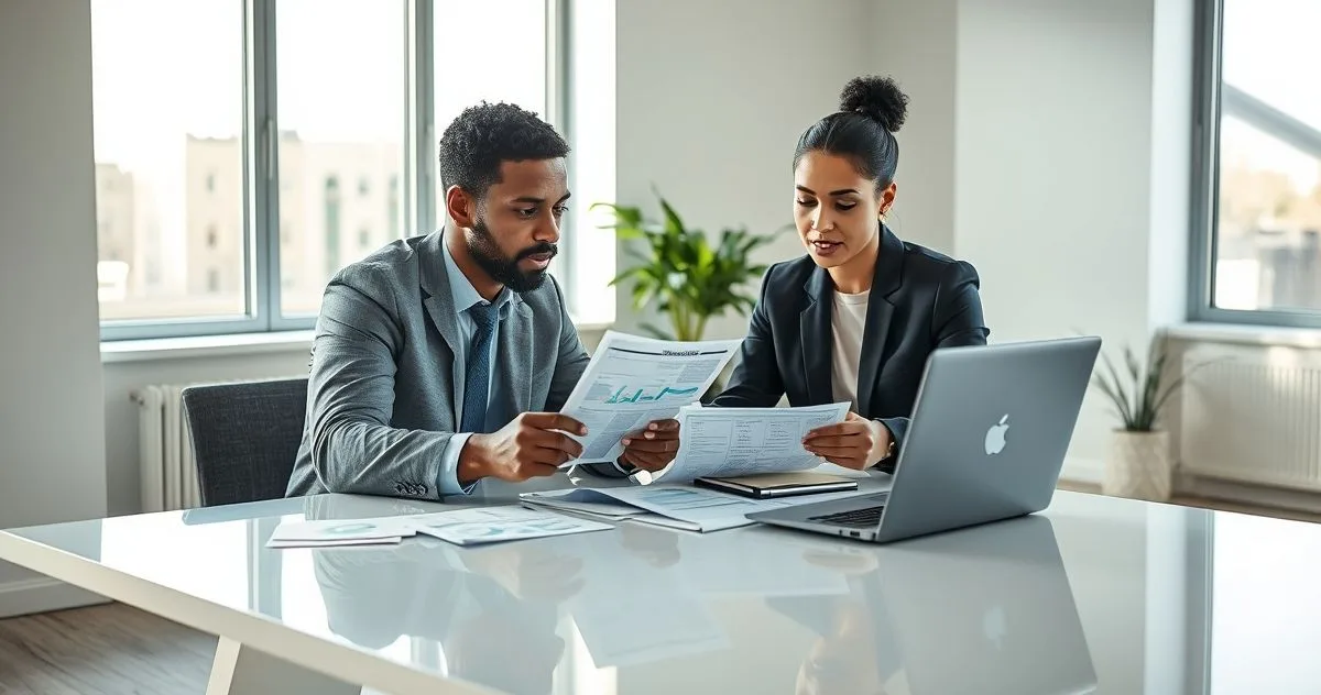 Tax advisor and diverse clients reviewing medical receipts prescriptions and a small medical device on a minimalist desk with a calculator