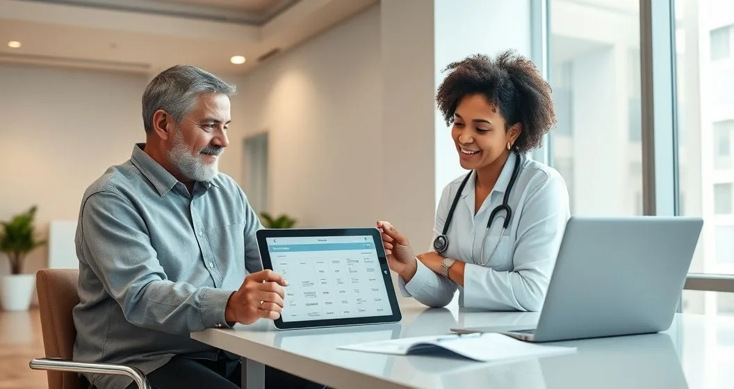 Patient and healthcare financial counselor reviewing a medical loan payment plan on a tablet in a modern clinic billing office.