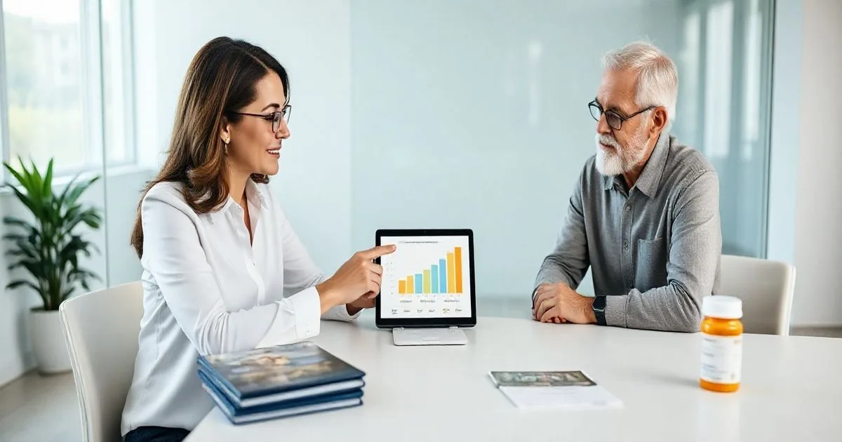Financial advisor with an early retiree couple reviewing a tablet that highlights Medicare coverage gaps with supplemental plan materials on the table in a modern office