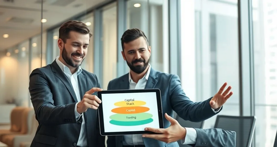 Investor founder and CFO reviewing a tablet showing a layered capital stack with the middle layer highlighted to represent mezzanine financing