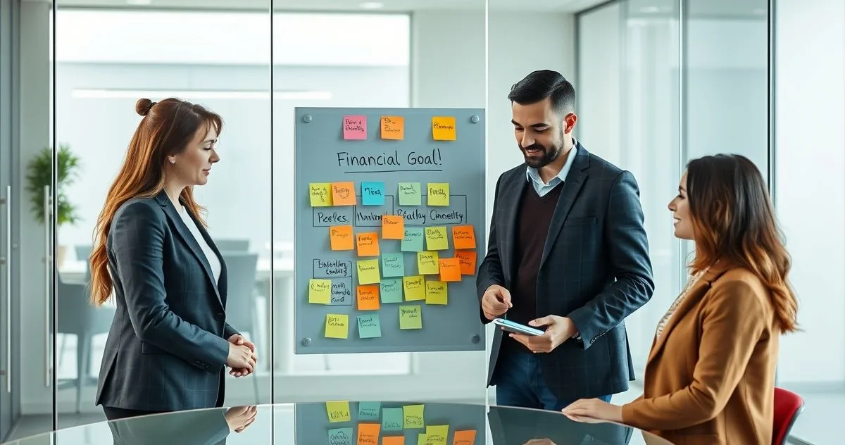 Financial advisor and clients mapping a large financial goal into daily micro tasks with sticky notes and a smartphone checklist in a bright modern office.
