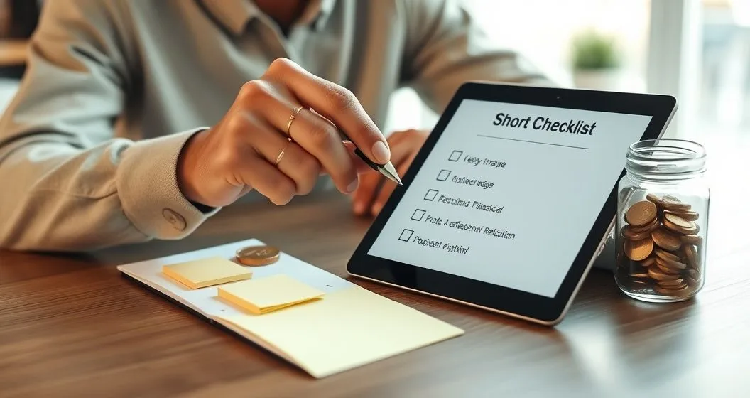 Person marking a short daily financial checklist on a tablet at a clean desk with sticky notes and a jar of coins