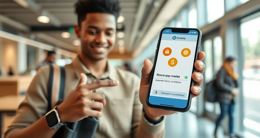 Person in a modern cafe tapping a smartphone that shows round up coin animations and a recurring transfer icon, smartwatch on wrist and laptop bag nearby.