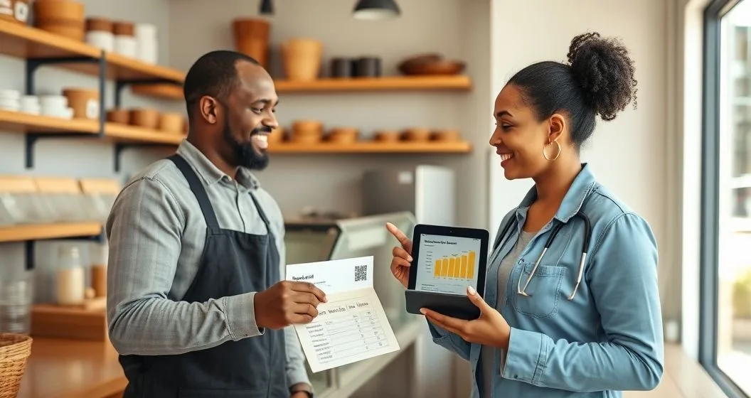 Small business owner receiving seed funds and loan guidance from a microloan officer in a modern bakery