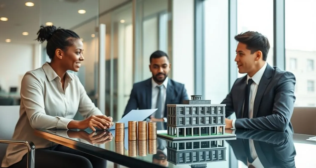 Three professionals at a conference table comparing a small stack of coins and a building model to illustrate microloans and macroloans.