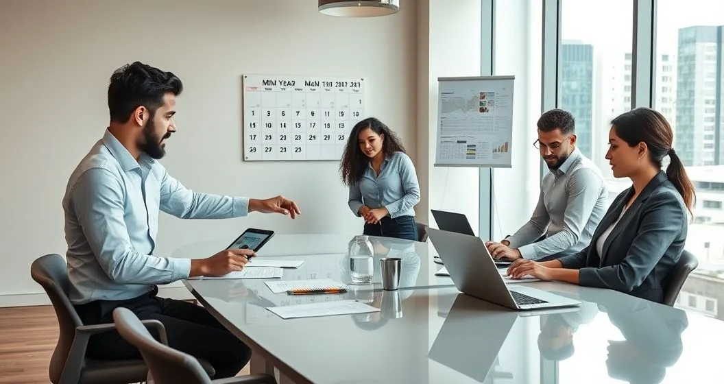Diverse tax professionals reviewing updated projections and a mid year calendar in a modern office to adjust tax filings
