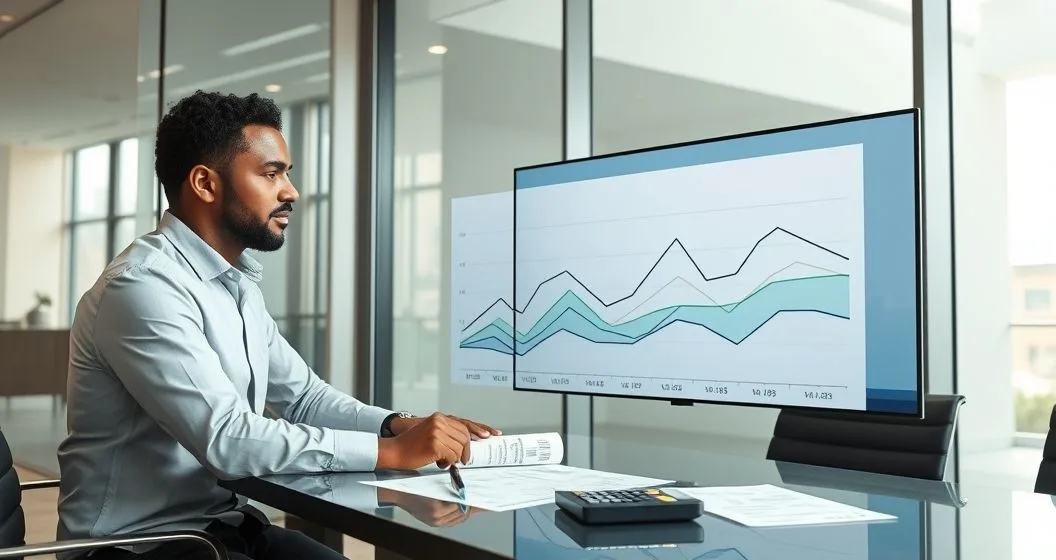Loan officer and business owner reviewing seasonal cash flow chart and historical statements in a modern conference room