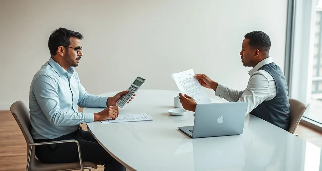 Tax professional and client at a conference table reviewing payment schedule documents and a formal letter about changing or ending an installment agreement