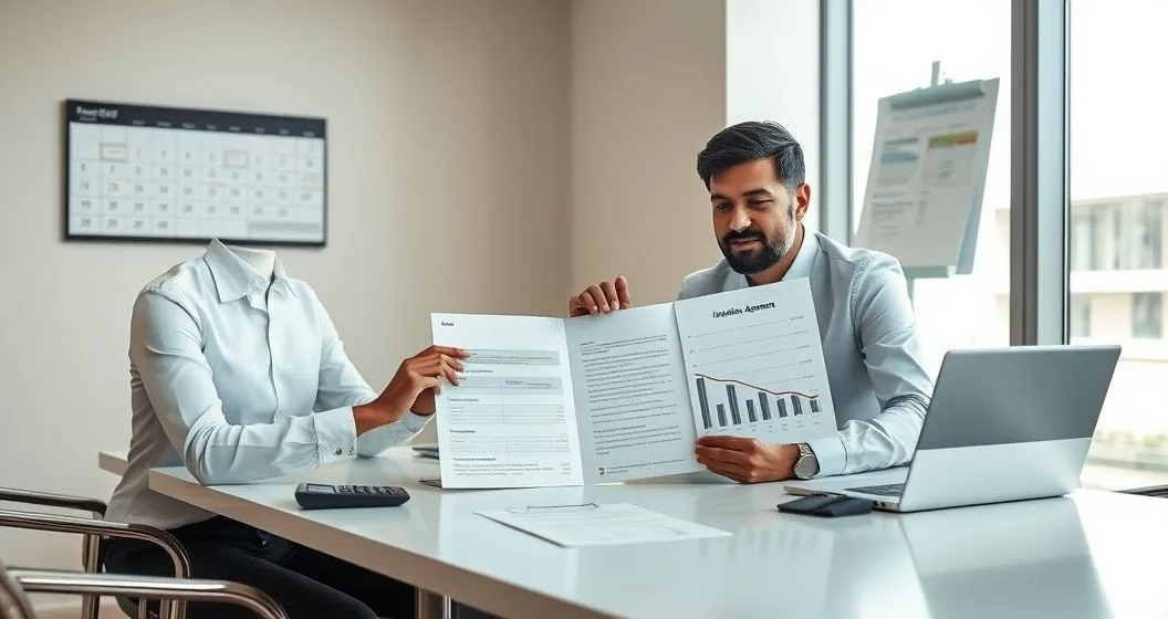 Tax advisor and client reviewing an installment agreement with a tablet showing a falling income chart a calendar with missed payments and financial documents on a clean conference table