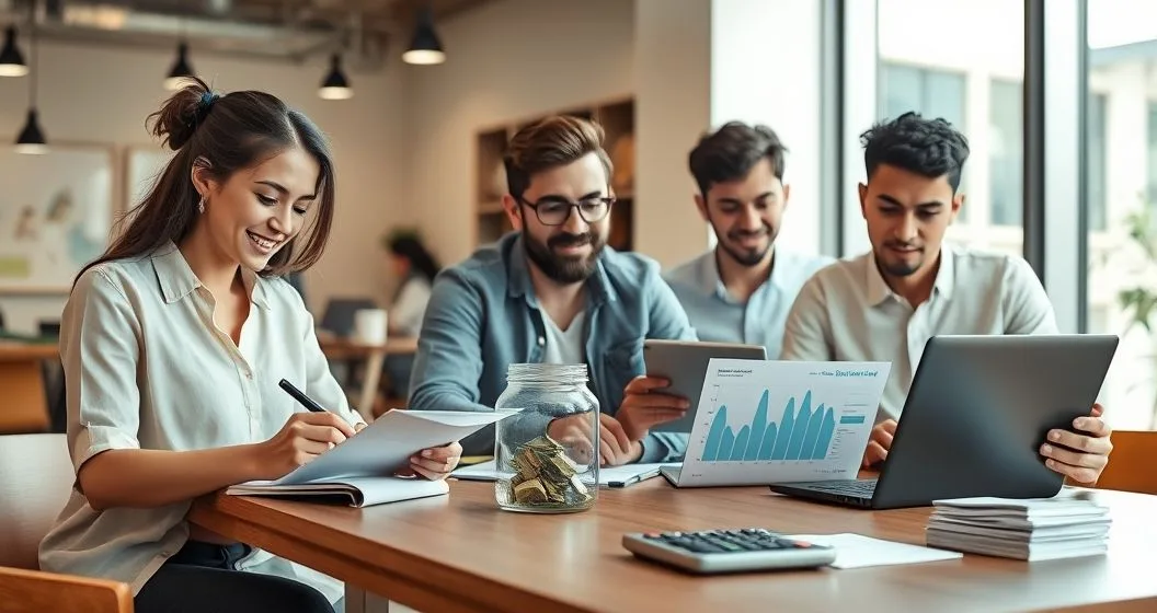 Young diverse professionals budgeting saving and reviewing investments at a tidy coworking table