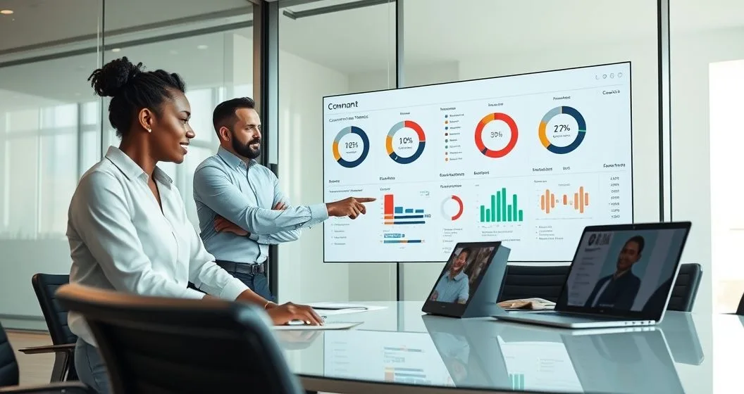 Two lending professionals in a conference room reviewing a covenant dashboard with gauges while a borrower appears on a laptop video call