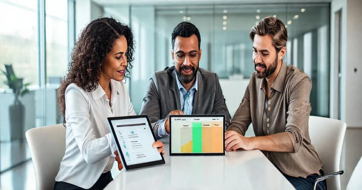 Loan officer explains escrow payment breakdown to a diverse couple using a tablet showing segmented icons for tax insurance and mortgage.