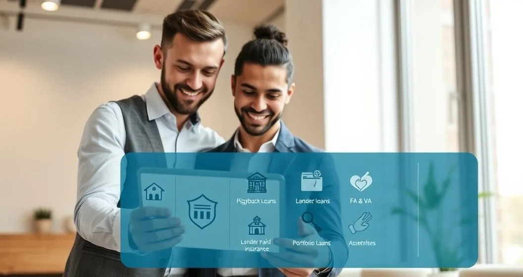 Mortgage advisor and diverse couple reviewing a tablet with icons for piggyback loans, lender paid mortgage insurance, government backed loans, portfolio lending, and down payment assistance in a modern office