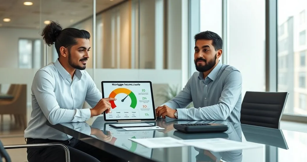 Mortgage advisor and client reviewing a tablet showing an LTV slider, credit score dial, loan type icons and payment option icons with a calculator and loan papers on a modern conference table