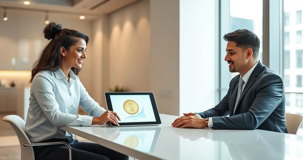 Mortgage advisor and couple looking at a tablet showing a coin icon and a downward trend line representing upfront payment and long term interest savings.
