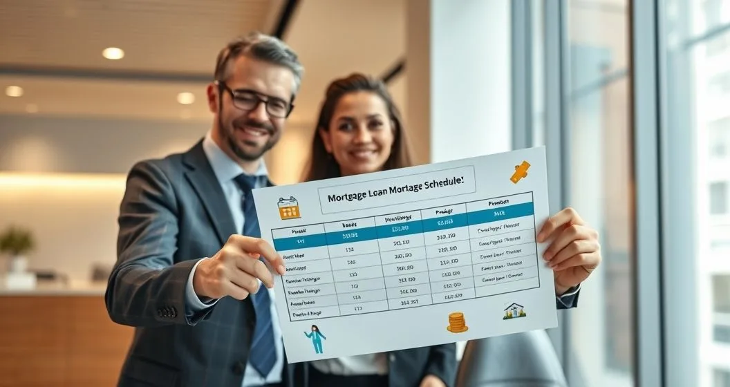 Loan officer and homebuyers reviewing a mortgage schedule that highlights an initial reduced rate period with a small calendar and stack of coins.