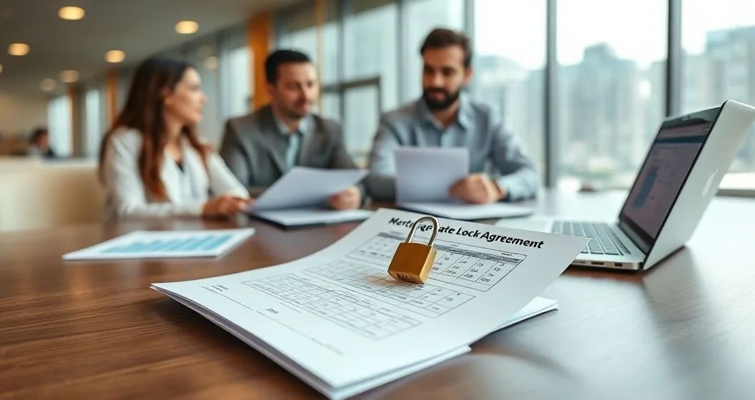 Loan officer pointing to a calendar with a padlock on a mortgage rate lock document while a diverse couple reviews paperwork in a modern conference room