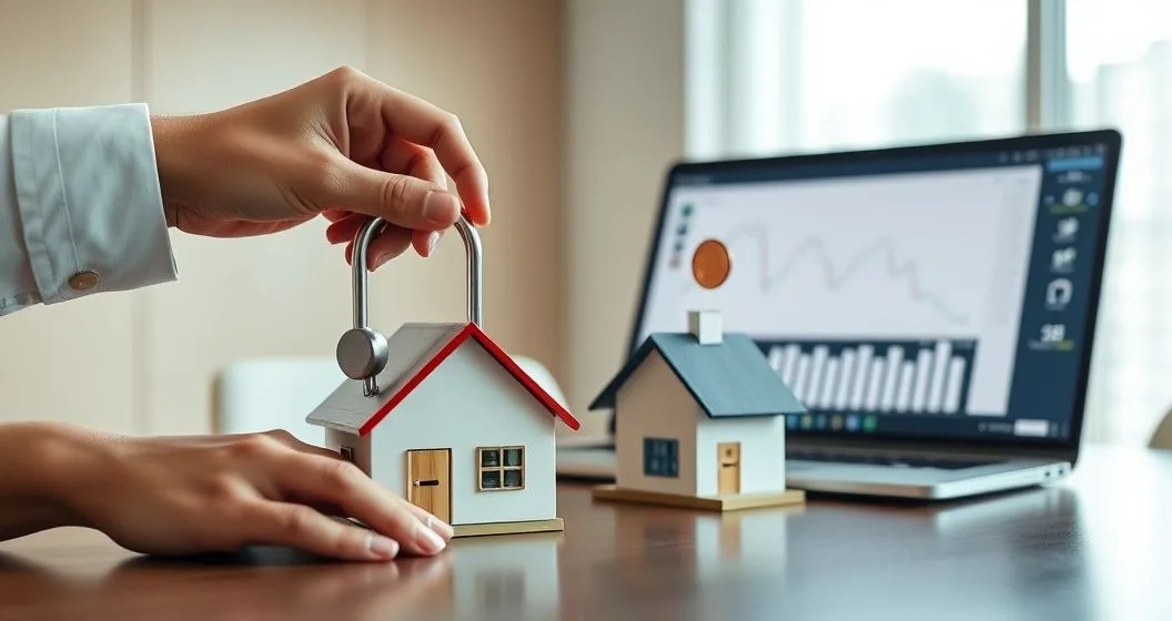 Hands of two diverse professionals near two small house models on a conference table one with a metal padlock the other with a hand releasing a coin and a blurred rate chart on a laptop behind them