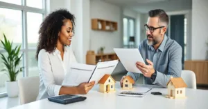 Homeowner and mortgage advisor reviewing loan offers and a tablet with a rate comparison beside a small house model and calculator on a clean table